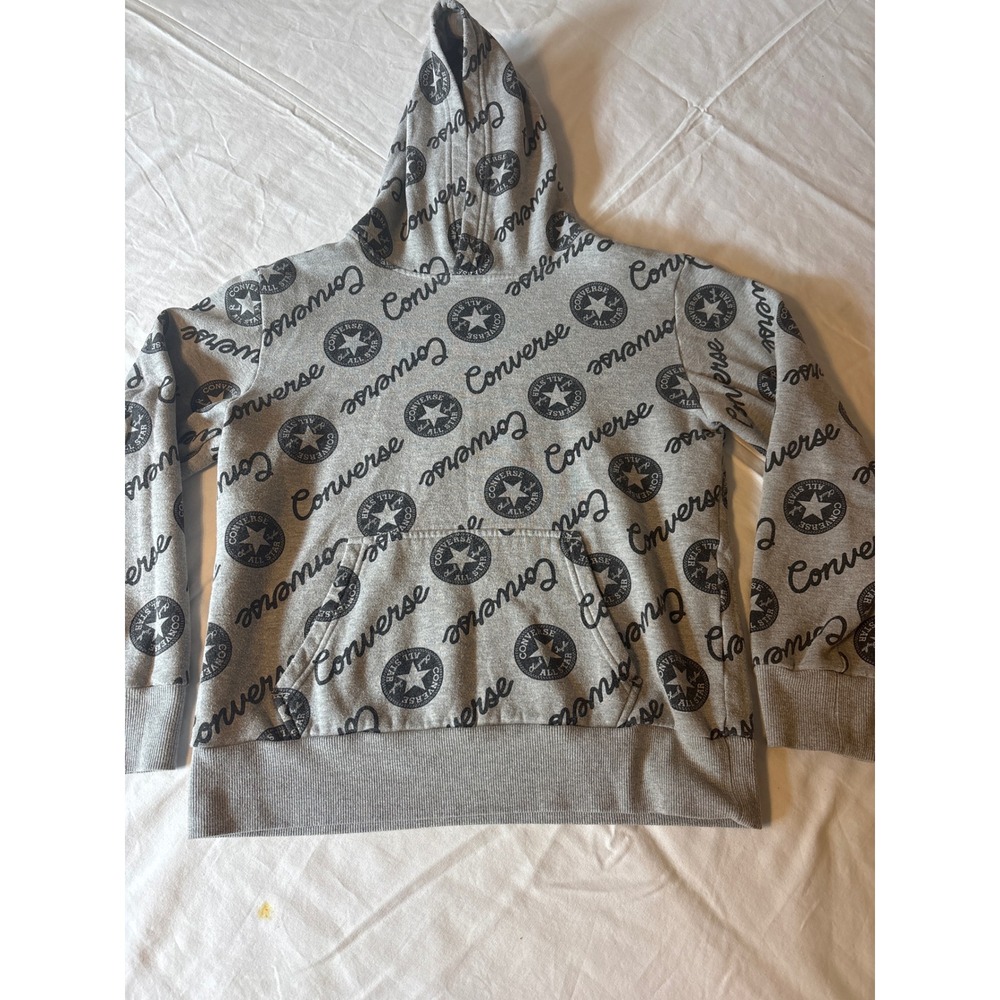 Converse Hoodie Boys XL 13-15 Gray All Over Logo Print Pullover Sweatshirt